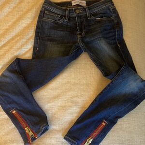 Etienne Marcel Denim Red Zipper Skinny Distressed Jean. Size 24.